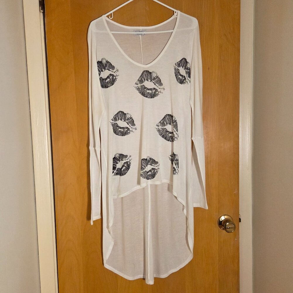 Lauren Moshi Long Sleeve Lips Midi Tunic Top Womens M Modal White Black Limited